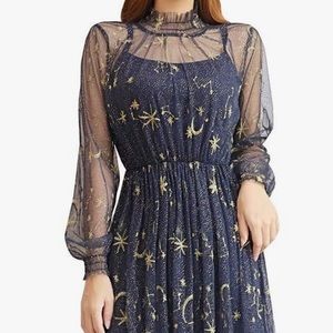 Midnight Navy Blue Sheer Stars and Moon Constellation Dress